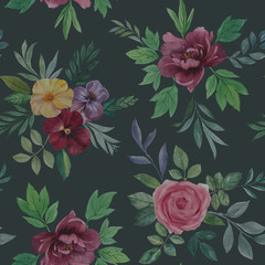 Seamless watercolor flowers pattern. Hand painted flowers. Flower pattern for design. Seamless floral pattern. Drawn flowers for packaging, wallpaper, fabric. roses flower and leaves.