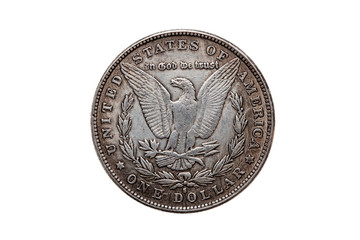 USA One Dollar Morgan Silver Coin replica dated 1880 with an image of a spread eagle on the reverse...