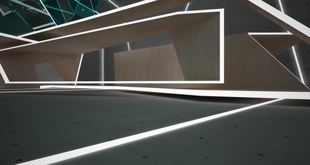 Abstract  concrete, glass and wood interior  with neon lighting. 3D illustration and rendering.