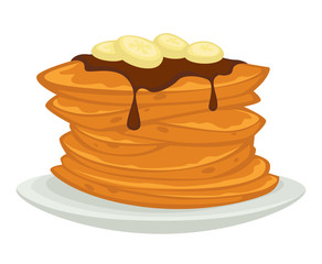 Pancakes with chocolate topping and banana slices vector