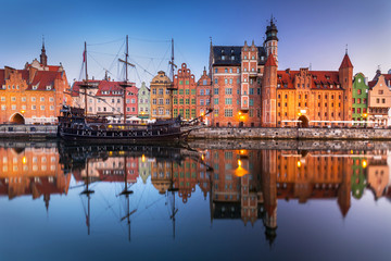 Fototapeta na wymiar Gdansk with beautiful old town over Motlawa river at sunrise, Poland.