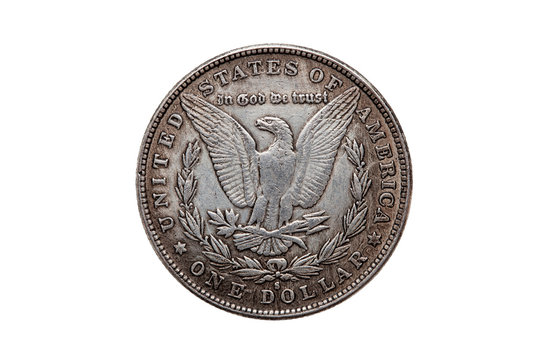 USA One Dollar Morgan Silver Coin replica dated 1880 with an image of a spread eagle on the reverse cut out and isolated on a white background