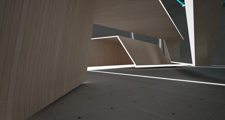 Abstract  concrete, glass and wood interior  with neon lighting. 3D illustration and rendering.