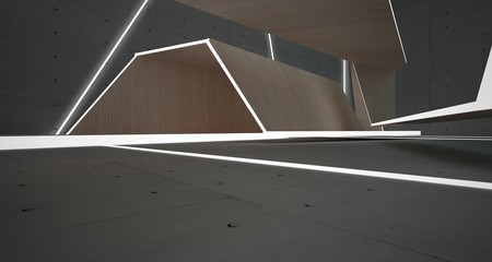 Abstract  concrete, glass and wood interior  with neon lighting. 3D illustration and rendering.