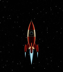 Toy space rocket red and white colors flies on a background of the starry sky. Sci-fi illustration. 3d rendering.