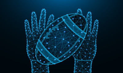 Obraz premium Hands and ball for playing rugby football low poly design, sports game in polygonal style, catch or throw the ball wireframe vector illustration made from points and lines on dark blue background