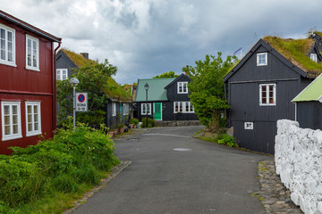 Old town of capital city of Torshavn. Typical houses with peat roof ( grass roof ). Faroes Islands. Denmark. Europe.