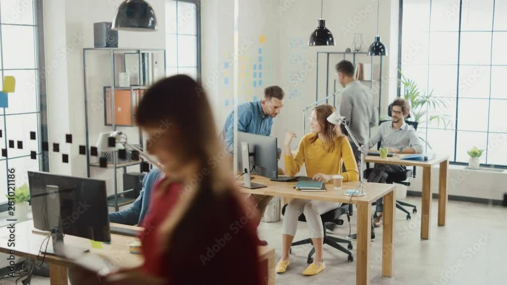 Poster In the Busy Office: Group of Professional Businesspeople Working on Desktop Computers, Talking With Colleagues. Business Management Optimizing Strartup Strategy, Works with Clients and Customers