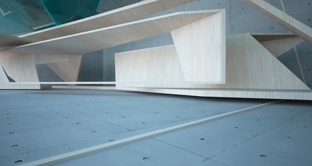 Abstract  concrete, glass and wood interior  with window. 3D illustration and rendering.