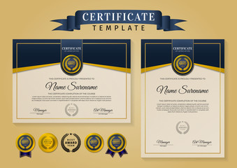 Certificate template with luxury and modern pattern, set of achievement certificate design with badges