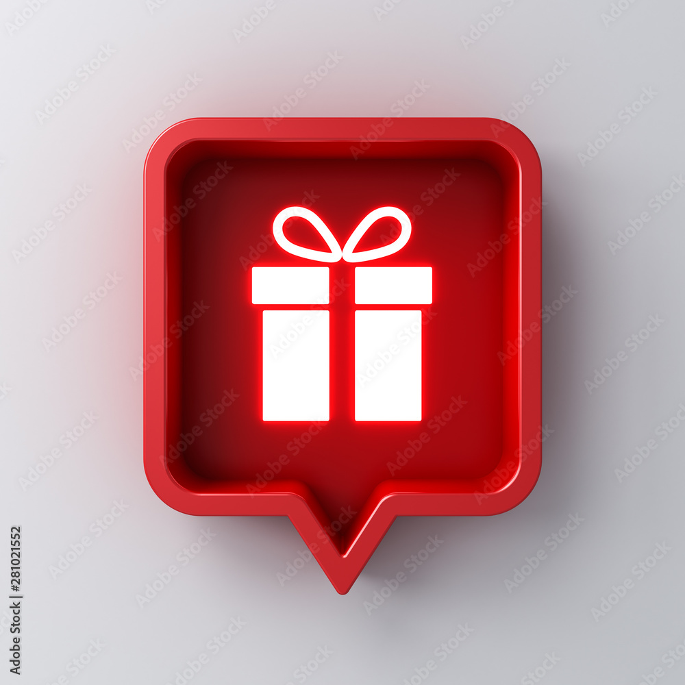 Poster neon light gift icon in red social media notification speech bubble box pin isolated on dark white w