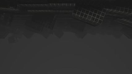 Abstract 3d rendering of chaotic cubes. Flying shapes in empty space. Dynamic background with bokeh, depth of field effect. Design for poster, banner, placard