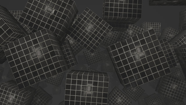 Abstract 3d rendering of chaotic cubes. Flying shapes in empty space. Dynamic background with bokeh, depth of field effect. Design for poster, banner, placard