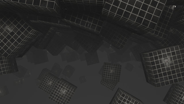 Abstract 3d rendering of chaotic cubes. Flying shapes in empty space. Dynamic background with bokeh, depth of field effect. Design for poster, banner, placard
