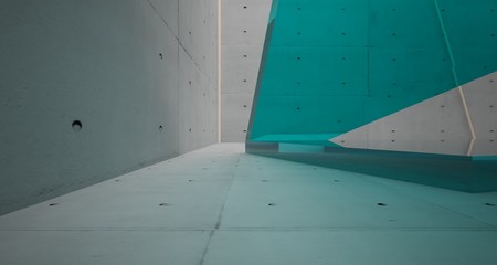Abstract  concrete, glass and wood interior  with window. 3D illustration and rendering.