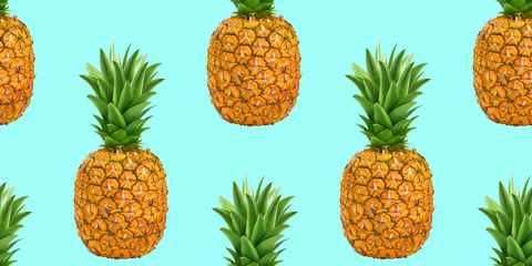 Pineapple, summer ananas seamless pattern on blue color background