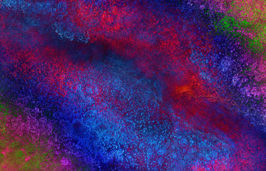 Fototapeta premium Neon watercolor on black paper background. Vivid ink textured blue, pink and purple color canvas for modern design. Aquarelle smeared abstract cosmic bright vintage dark watercolour illustration.