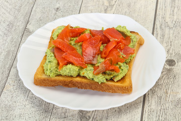 Toast with guacamole and salmon