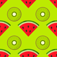 Watermelonand kiwi slices summer green seamless pattern.
