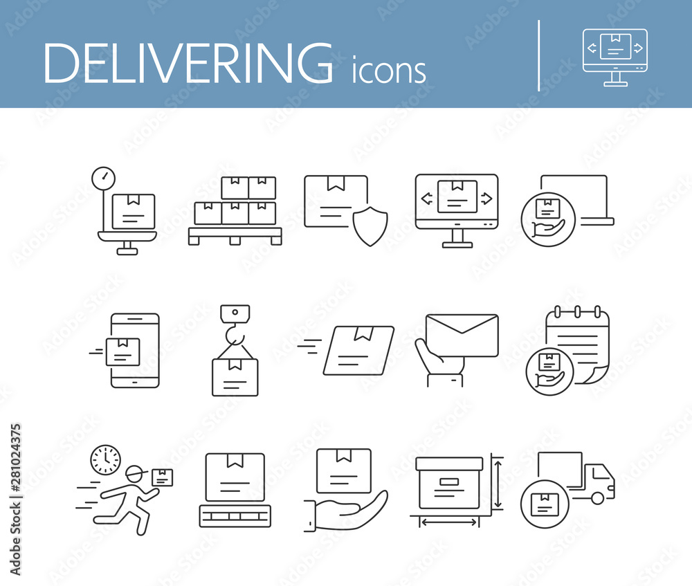 Wall mural Delivering icons. Set of line icons. Fast package, mobile parcel, box weight. Logistics concept. Vector illustration can be used for topics like shipment, post service, freight