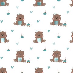 Cute bear cartoon baby seamless vector pattern. Funny kid animal repeat background for textile and wallpaper design.