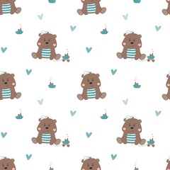Fototapeta premium Cute bear cartoon baby seamless vector pattern. Funny kid animal repeat background for textile and wallpaper design.