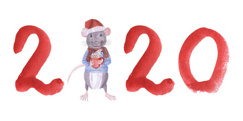 Cute rat with cocoa in a jacket and a scarf , New Year, Christmas, symbol of 2020 Chinese horoscope on a white background hand painted with watercolor