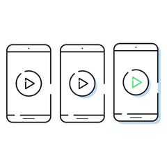 Three smartphone icon in simple line style. Outline cell phone vector for for website and app.Play symbol for media player.