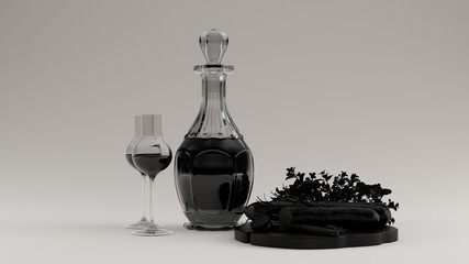 Black Alcoholic Drink in a Glass Decanter Bottle with a Glass Stop Wine glass Chopping Board Sausage and Herbs