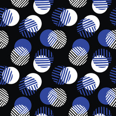 Exaggerated Retro Geo Dots Vector Seamless Pattern. Modern Abstract White and Blue Circles on Black Background