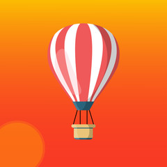 Fototapeta premium Hot air balloon with basket isolated on background. Travel, adventure, flight in sky concept. Vector flat design
