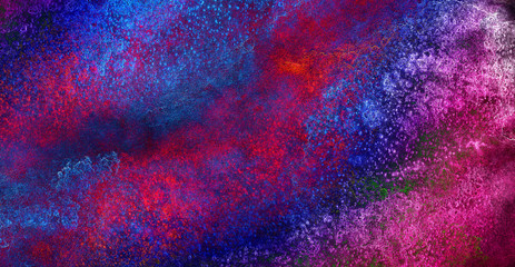 Neon watercolor on black paper background. Vivid ink textured blue, pink and purple color canvas for modern design. Aquarelle smeared abstract cosmic bright vintage dark watercolour illustration.