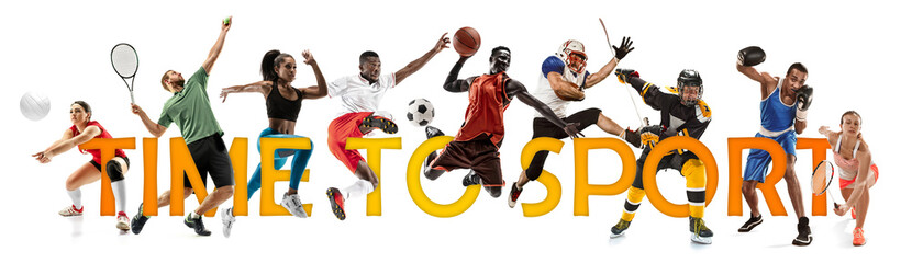 Naklejka na ściany i meble Creative collage of sportsmen in action of game on white background. Advertising, sport, healthy lifestyle, motion, activity, movement concept. American football, soccer, tennis, volleyball, box.