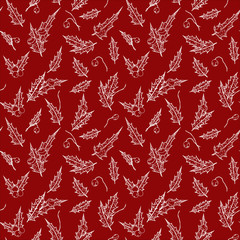 Seamless Christmas pattern of white outline holly leaves and berries on red background. New Year's floral pattern. Vector hand drawn illustration.