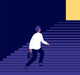 Obraz na płótnie Canvas Man climbing steps. Success in businessman career growth personal development challenge. ambitious aspirations to goals vector concept. Illustration of businessman climbing stairway, career up