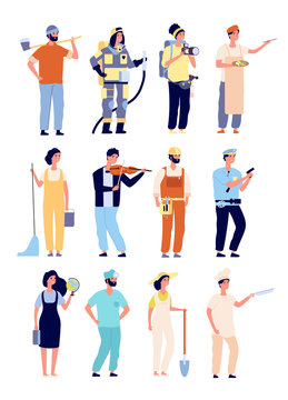Different professionals. policeman and fireman, cameraman and artist, cleaner and teacher, gardener. People isolated vector characters. Illustration of policeman and cleaner, worker and doctor