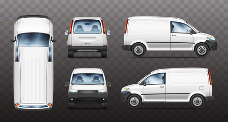 Set of realistic vector illustrations of mini van from different view. © awesomedwarf