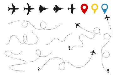 Plane paths vector. Aircraft tracking, planes silhouettes, location pins isolated on white background. Illustration of route flight line, air jet travel