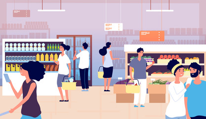 People in grocery store. Persons buy food, vegetables in supermarket. Shopping customers choosing products. Cartoon vector concept. Grocery market with food, store and shop retail illustration
