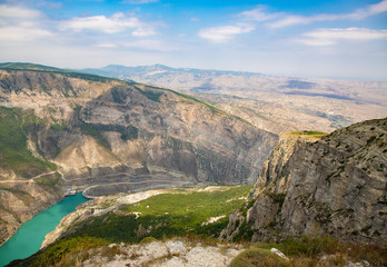 Mountain river landscape. Wild turquoise river in a mountain canyon, top view. The Sulak canyon Caucasus, Dagestan, Russia.