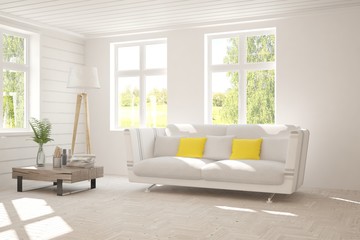 Stylish room in white color with sofa and summer landscape in window. Scandinavian interior design. 3D illustration