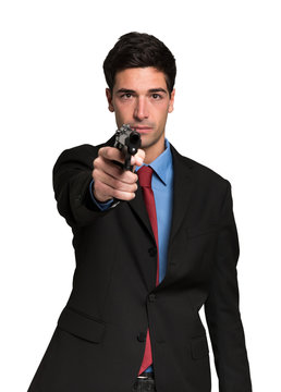 Man holding a gun. Isolated on white background