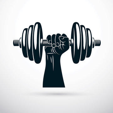 Vector illustration of bodybuilder muscular arm holding dumbbell. Power lifting.