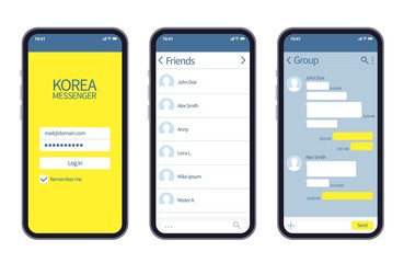 Korean messenger. Kakao talk interface with chat boxes, contact list and icons vector message template. Illustration of kakao app interface mobile - obrazy, fototapety, plakaty