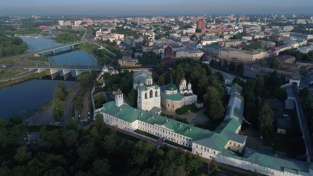 Morning flight over the old Spaso-Preobrazhensky monastery. Yaroslavl, Russia
