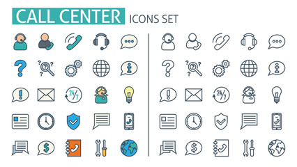 Call center icons set. For customer service support mobile app, banner help, feedback