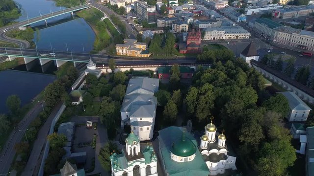 Flight over the old Spaso-Preobrazhensky monastery in July morning. Yaroslavl, Golden ring of Russia