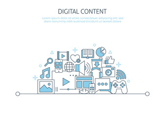 Digital content website banner. For content marketing landing page mobile app icons set