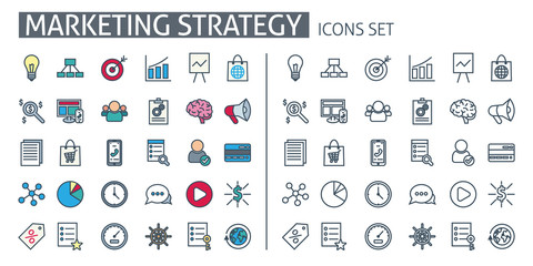 Marketing strategy icons set. For business management mobile app, promotion banner, social media