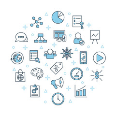 Marketing strategy banner. For business management mobile app, promotion icons, social media